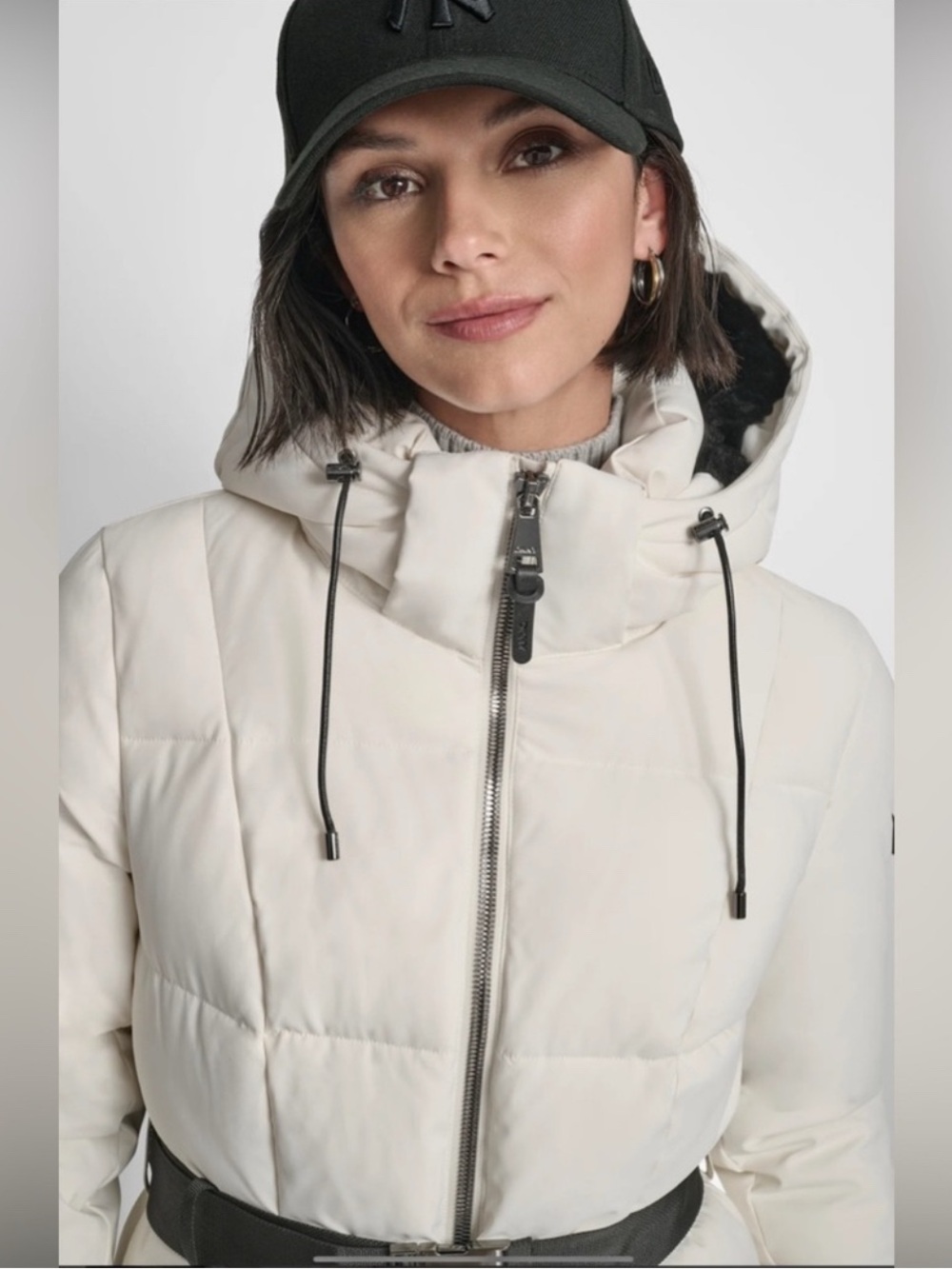 🌸 DKNY Cream Long Quilted Hooded Puffer Coat with Black Belt - Picture 6 of 9